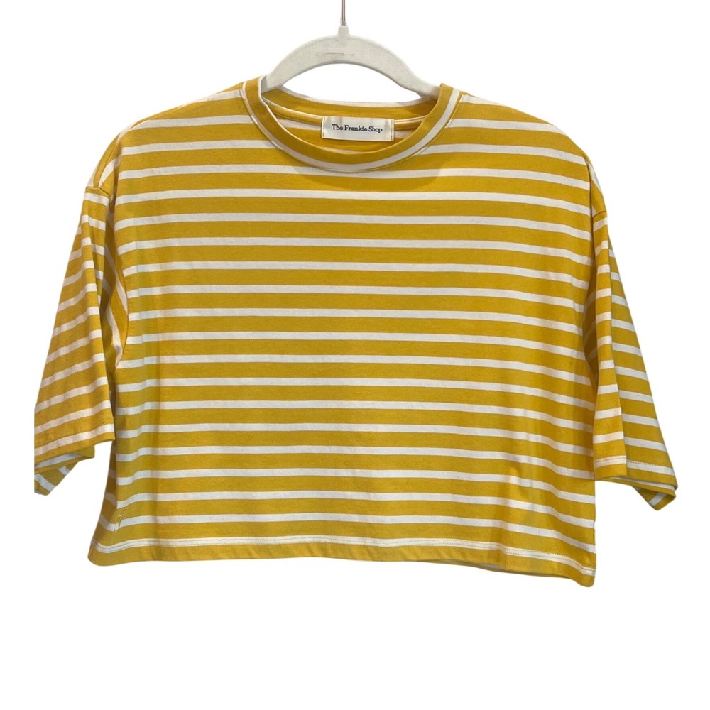 The Frankie Shop Yellow White Striped Boxy Crop Top Tee Cotton Womens M/L